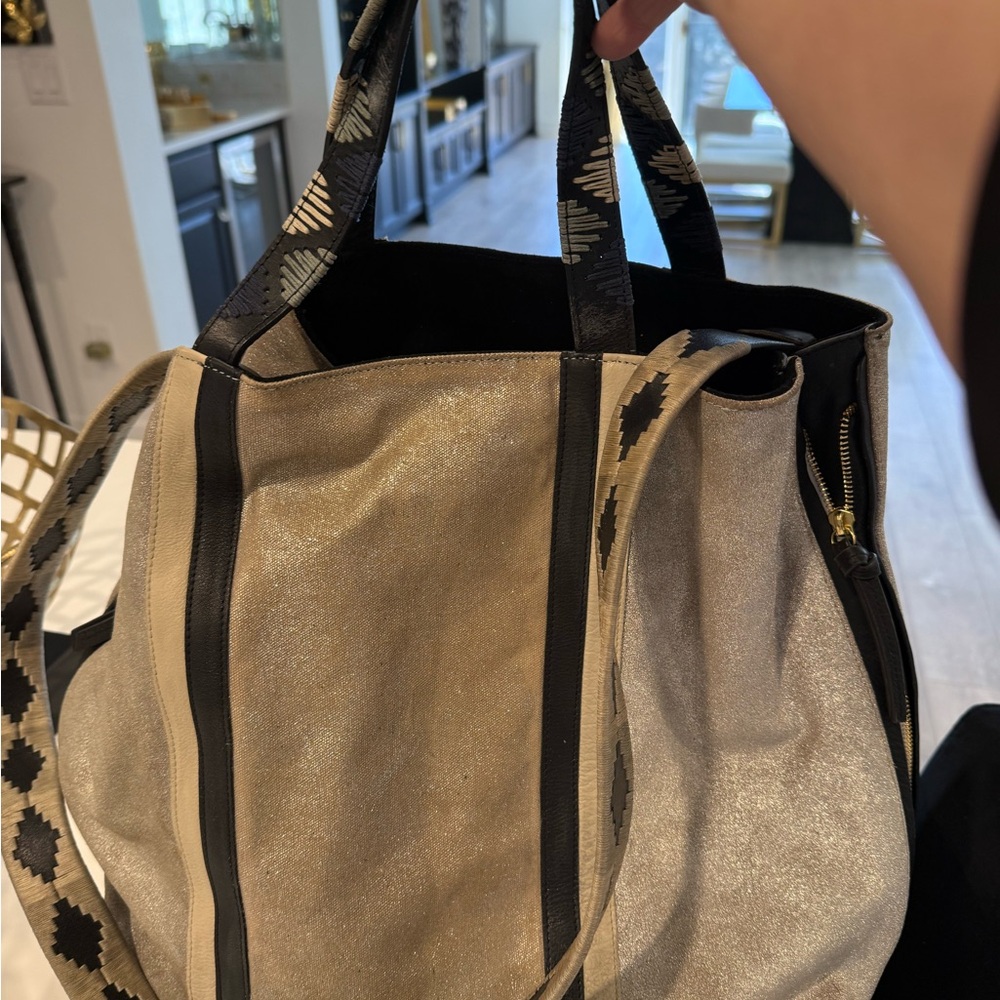 Metallic Tan Tote Bag with Patterned Straps